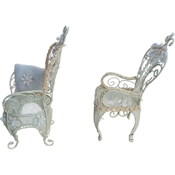 Dollhouse 2 Piece Chairs White Wire Wicker 8 ½ Inches Tall - Picture 4 of 7